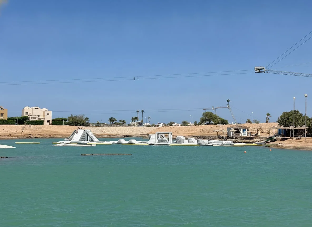 The floating inflatable aqua park on the Sliders lagoon