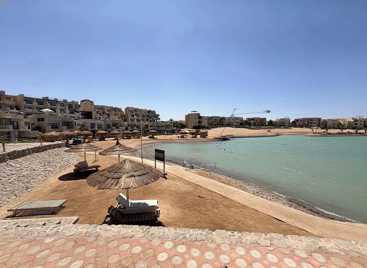 The Sliders lagoon and beach at Sabina, El Gouna, with the cable mast in the distance