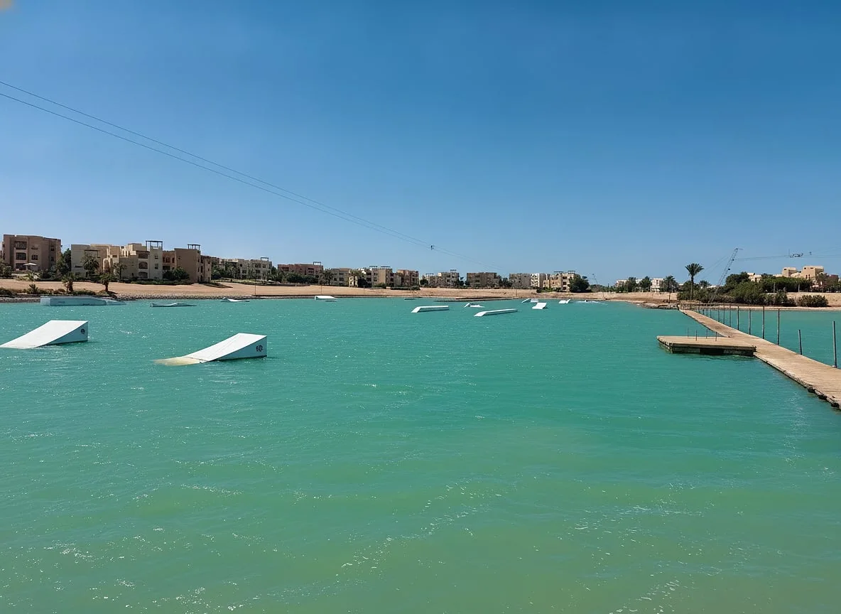Kickers and sliders set out across the lagoon at Sliders Cable Park, El Gouna