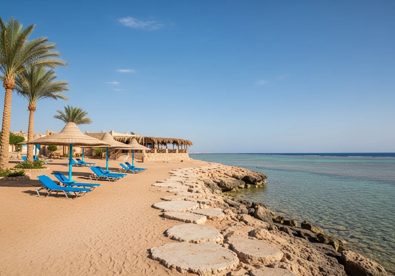 Ducks Quseir beach at Rohanou Bay with loungers and thatched umbrellas