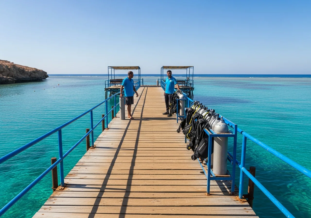Scuba cylinders laid out along a jetty over clear shallow water