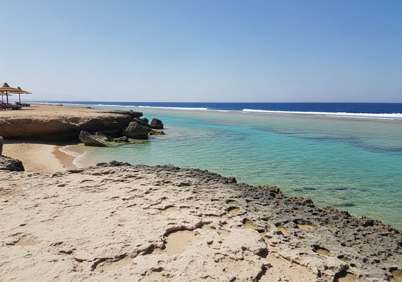 Rocky limestone shore at Rohanou Bay looking out to the Red Sea