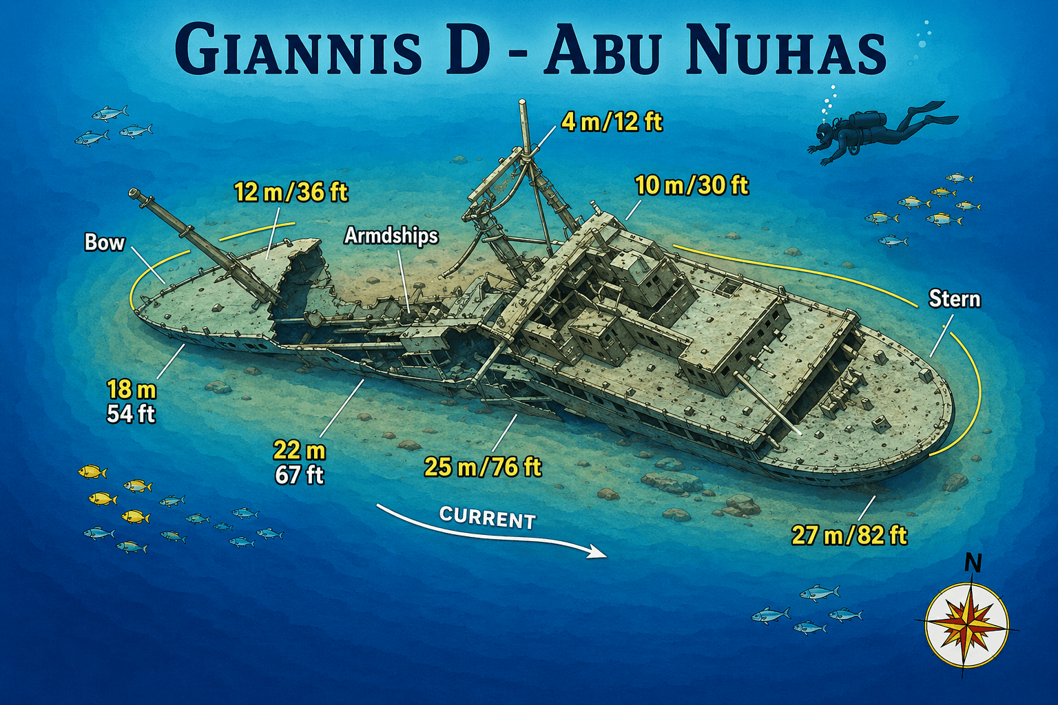 Abu Nahas, The Wrecks dive map