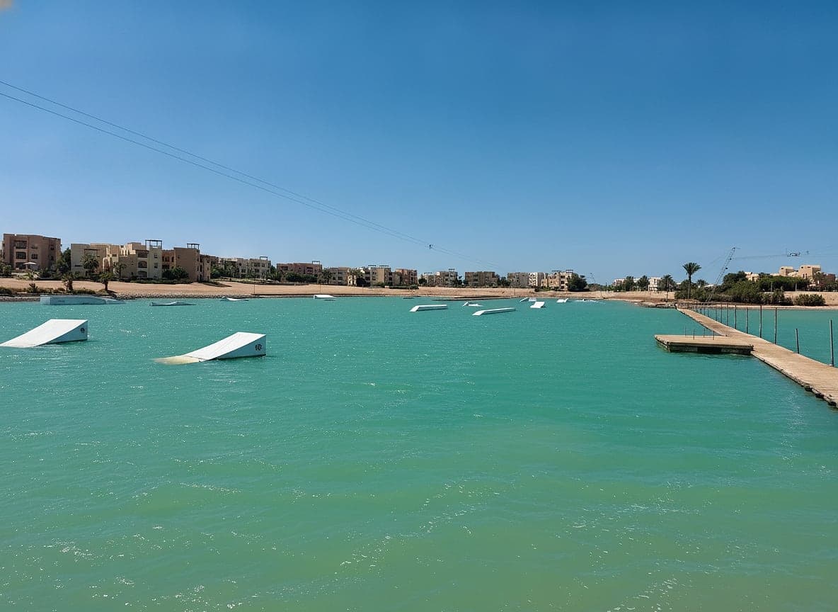 Kickers and sliders set out across the lagoon at Sliders Cable Park, El Gouna